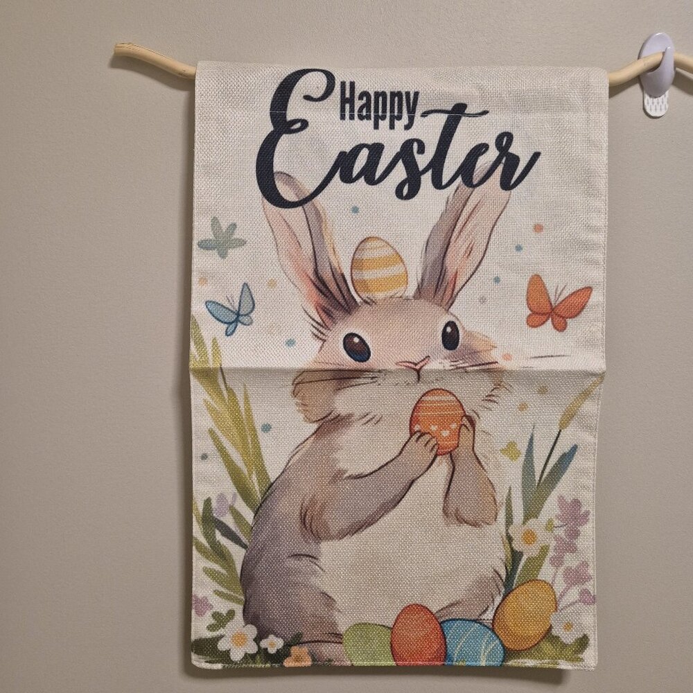 Happy Easter Bunny Garden Burlap Flag 12 x18 Double Sided  – New
